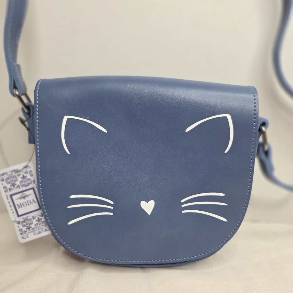 Moda Blue Cat Face‎ Crossbody Bag NWT
